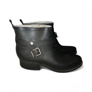 Lucky Brand Rain Boots Womens 10 Black Rindah Ankle Top Pull On Buckle Strap